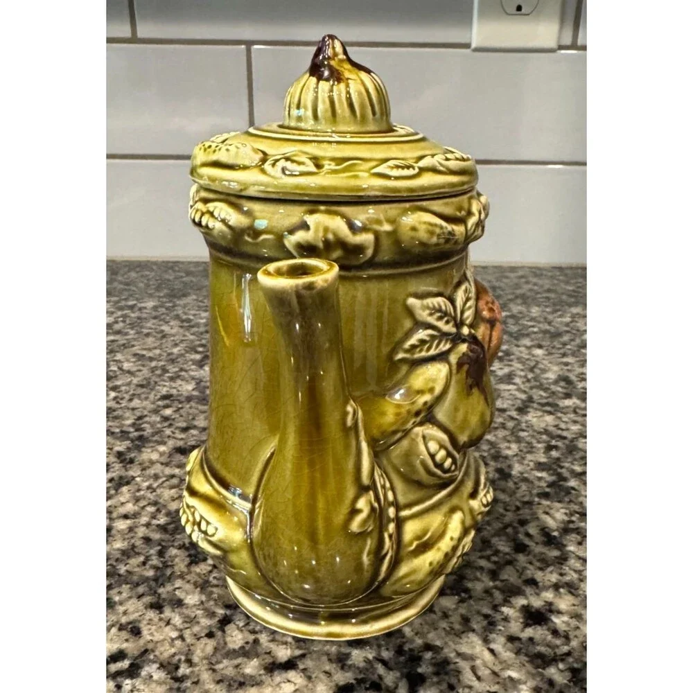 Vtg MCM Tilso Avocado Green Glazed Fruit Motiff Ceramic Tea Pot w Lid Japan